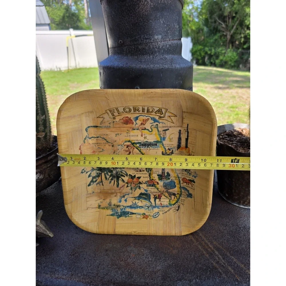 VTG Florida Souvenir Bamboo Tray 11x11 Map Palm‎ Trees Mid Century Tiki Decor